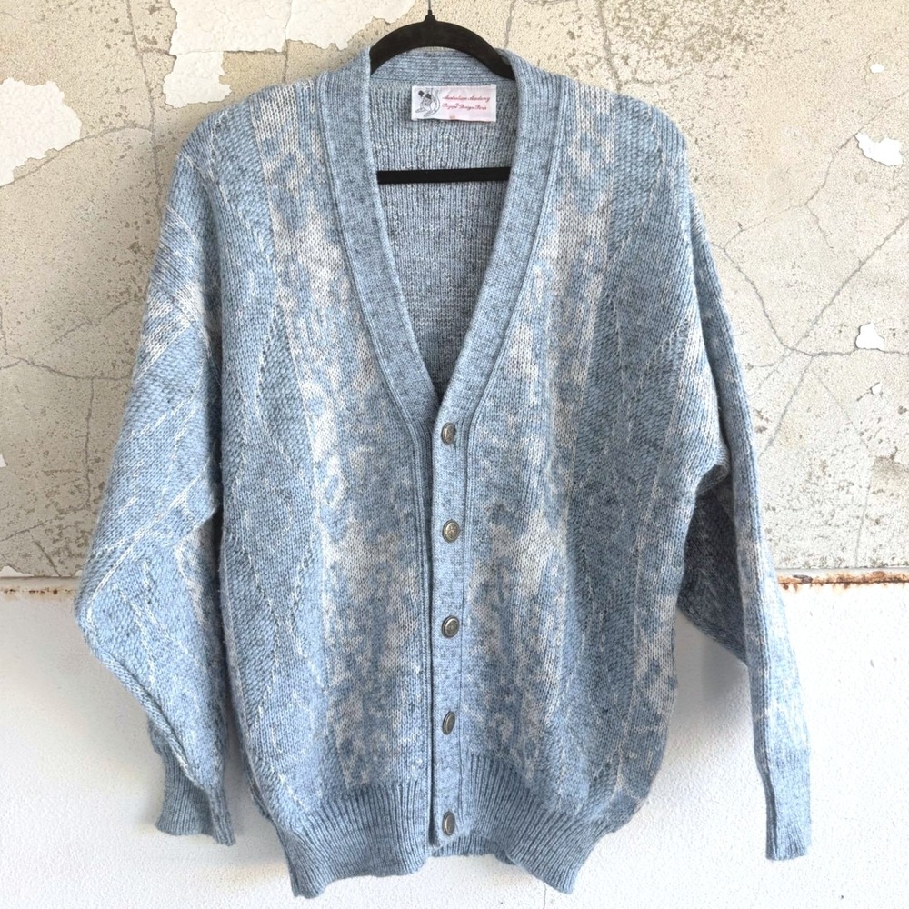 Vintage Grandpa Cardigan Sweater Powder Blue Abstract Australian Academy Mens L